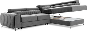 Divano angolare grigio allungabile/con contenitore (con penisola a destra/a L) e rivestimento in velluto Laurence – ELTAP