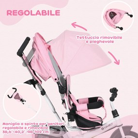 Triciclo per Bambini 1-5 Anni 102x49x102 cm con Maniglione e Tettuccio Regolabile Bianco e Rosa...