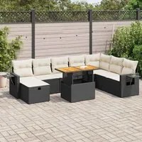 Set Divani da Giardino 9 pz con Cuscini Nero Polyrattan Acacia 3328043