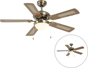 Ventilatore da soffitto ottone con stampa legno e rattan 105 cm con interruttore a tirante - Mistral Majas