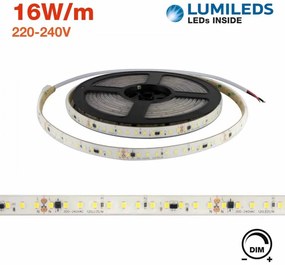 Strisce LED 220V 16W/m, 120lm/W, chip Lumileds, Dimmerabile, tagl. 10cm – 5m Colore Bianco Freddo 6.000K