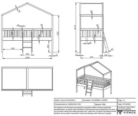 Letto per bambini in legno di pino bianco rialzato 90x200 cm DALLAS - Vipack
