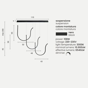 Lampada a sospensione ARQUA 3 Luci con base rettangolare 110 cm in metallo NERO