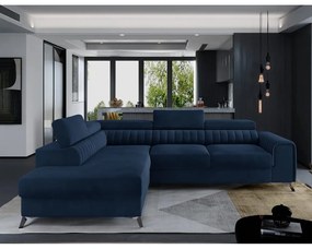 Divano angolare blu allungabile/con contenitore (con penisola a sinistra/a L) e rivestimento in velluto Laurence – ELTAP