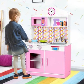 Costway Cucina giocattolo per bambini in legno, Cucina finta per bimbi  60x30x94cm, Rosa