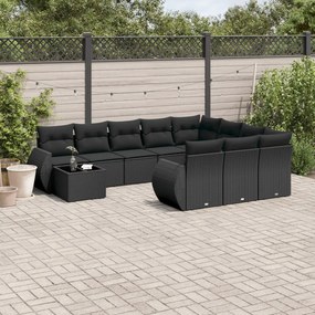 Set divani da giardino 11 pz con cuscini in polyrattan nero