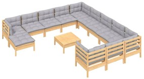 Set divani da giardino 13 pz con cuscini grigi massello di pino