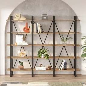 Libreria A Parete Stile Industrial 220x34x180 Cm 5 Ripiani Milano Rovere