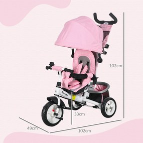 Triciclo per Bambini 1-5 Anni 102x49x102 cm con Maniglione e Tettuccio Regolabile Bianco e Rosa...