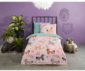 Set copripiumino e federa da bambini rosa/turchese in cotone per letto singolo ed esteso 140x220 cm Horses – Good Morning