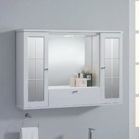 Specchiera mobile contenitore da bagno MERCURIO 90 bianco lucido a 2 ante con specchi e luce LED