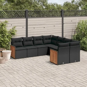 Set divani da giardino con cuscini 8 pz nero in polyrattan