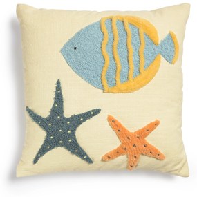 Kave Home - Fodera per cuscino Cordelia beige con animali marini 100% cotone multicolor 45 x 45 cm