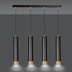Lampadario 4 Luci Brunilde In Acciaio Nero E Tubolari In Nero E Oro