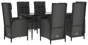 Set da pranzo da giardino 7 pz nero con cuscini in polyrattan