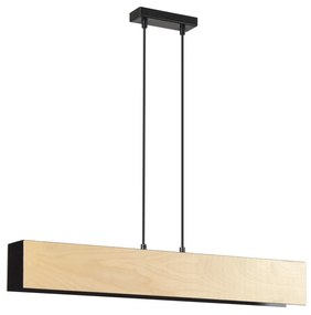 Lampadario 3 Luci Merlino In Acciaio Nero Corpo Rettangolare E Legno Naturale