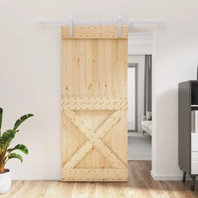 Porta Scorrevole Con Set Hardware 90x210 Cm Legno Massello Pino /