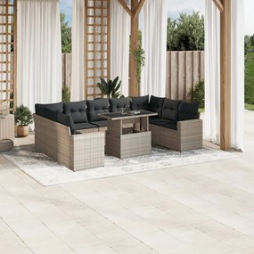 Set divano giardino 10 pz con cuscini grigio chiaro polyrattan