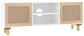 Mobile tv bianco 105x30x40 cm massello pino e rattan naturale