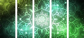 Quadri 5 pezzi – Mandala con sfondo galattico in tonalità di verde