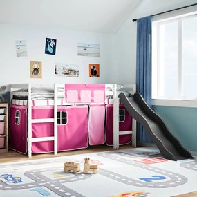 Letto A Soppalco Con Tende Bambini Rosa 80x200 Cm Massello Pino /