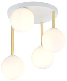 Plafoniera Contemporanea 4 Luci Teseo In Acciaio Bianco Oro E Sfere Vetro Bianco