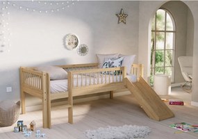 Letto da bambini rialzato di colore naturale in faggio massiccio con scivolo con rete inclusa 90x200 cm Forrest – Vipack
