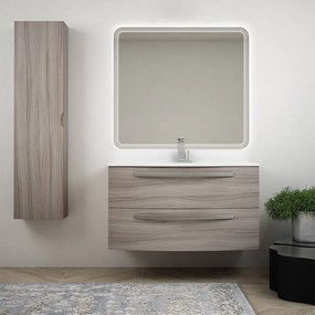 Composizione bagno sospesa 100 cm larice con specchio retroilluminato lavabo ceramica e colonna Mod. Berlino
