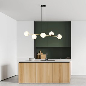 Sospensione Contemporanea Rhiannon 6 Luci In Acciaio Oro E Sfere In Vetro Bianco