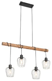 Lampada a sospensione rustica nera con legno 4 luci - Stronk