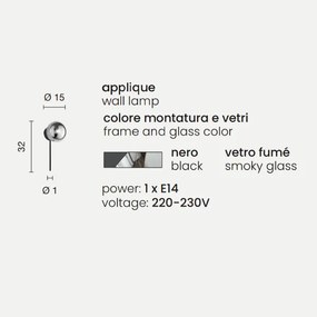 Applique D15 cm JEWEL in metallo Nero e diffusore in vetro soffiato Fumč