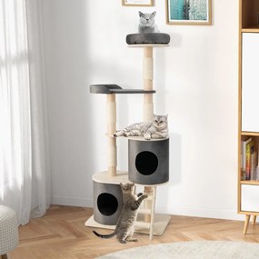 Costway Albero tiragraffi per gatti con 2 cucce accoglienti trespolo in tessuto felpato, Giochi per gatti Grigio