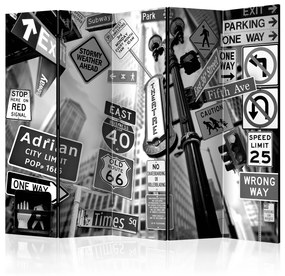 Paravento Strade di Manhattan II - segnaletica stradale in bianco e nero