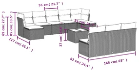 Set divani da giardino 11 pz con cuscini beige in polyrattan