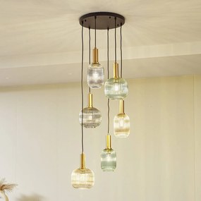 Lampada a sospensione Lindby Doroteo, a 6 luci, verde/ambra/grigio, vetro