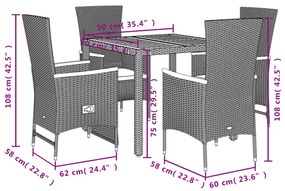 Set da pranzo da giardino 5 pz nero con cuscini in polyrattan