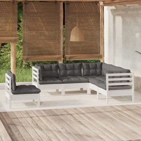 Set divani da giardino 5 pz con cuscini bianchi legno di pino