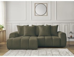 Divano angolare color kaki allungabile/con contenitore (con penisola a sinistra/con chaise lounge) con rivestimento in bouclé Roxelane – Bobochic Paris