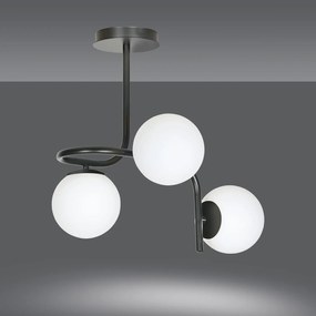 Lampadario 3 Luci Rama In Acciaio Nero A Bracci E Sfere In Vetro Opalino
