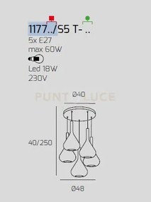 Sospensione ottone sat. 5 luci tonda vetri 2x tr + 3x fu 1177os-s5 ...