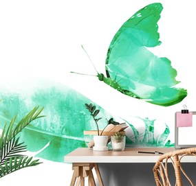 Carta da parati – Piuma con farfalla in stile verde