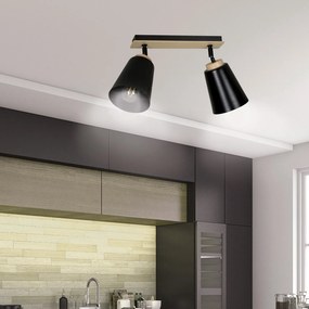 Plafoniera Faretti Spot Orientabili 2 Luci Xiwangmu Acciaio Nero E Legno Naturale