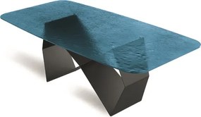 Tavolo fisso 210 cm KARL con base metallo Nero e piano vetro martellato Blu