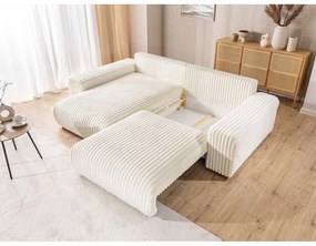 Divano angolare con penisola a sinistra color crema e rivestimento in velluto a coste allungabile e con contenitore Sarina – Ropez