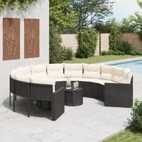 Divano Giardino con Tavolo e Cuscini Circolare Nero Polyrattan 3318535