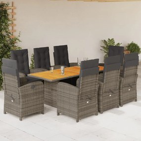 Set da pranzo da giardino 9 pz con cuscini in polyrattan grigio