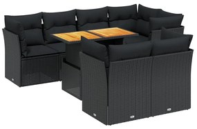 Set Divani da Giardino con Cuscini 8 pz Nero in Polyrattan