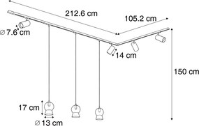 Sistema a binario moderno nero con 4 faretti e 3 lampade a sospensione bianche monofase - Iconic Bell Jeana Luxe