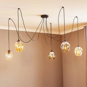 EMIBIG LIGHTING Lampada a sospensione Starla, vetro grafite/ambra/trasparente, a 5 luci,