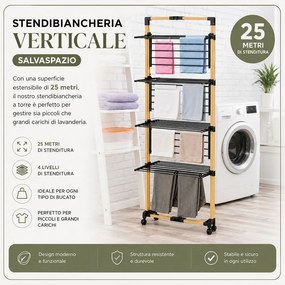 Stendibiancheria a Torre Verticale a 4 Livelli 69x69x175 cm Pieghevole con Ruote Nero e Legno...